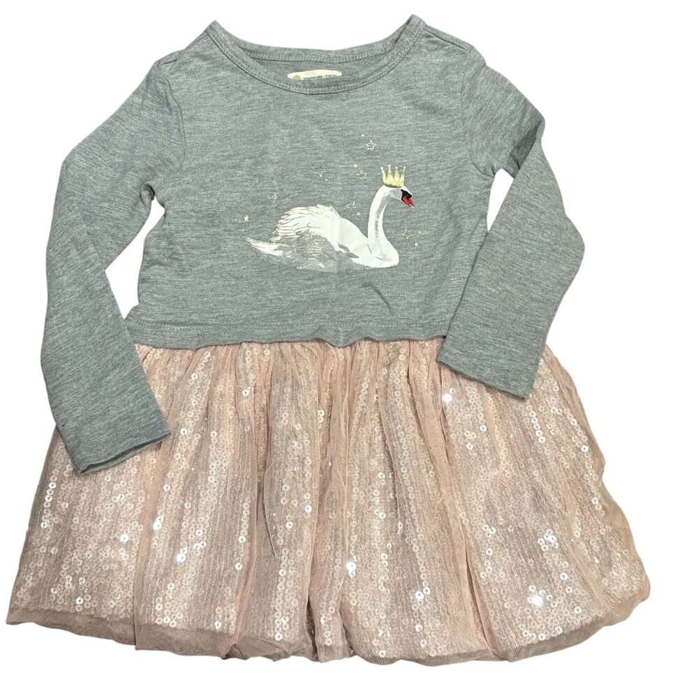 Tucker Tate Swan Graphic Dress With Pink Sequin Tulle Skirt Long Sleeve Girls 3